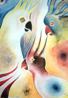 Acrylic on paper painting entitled 'Three Cockatoos'